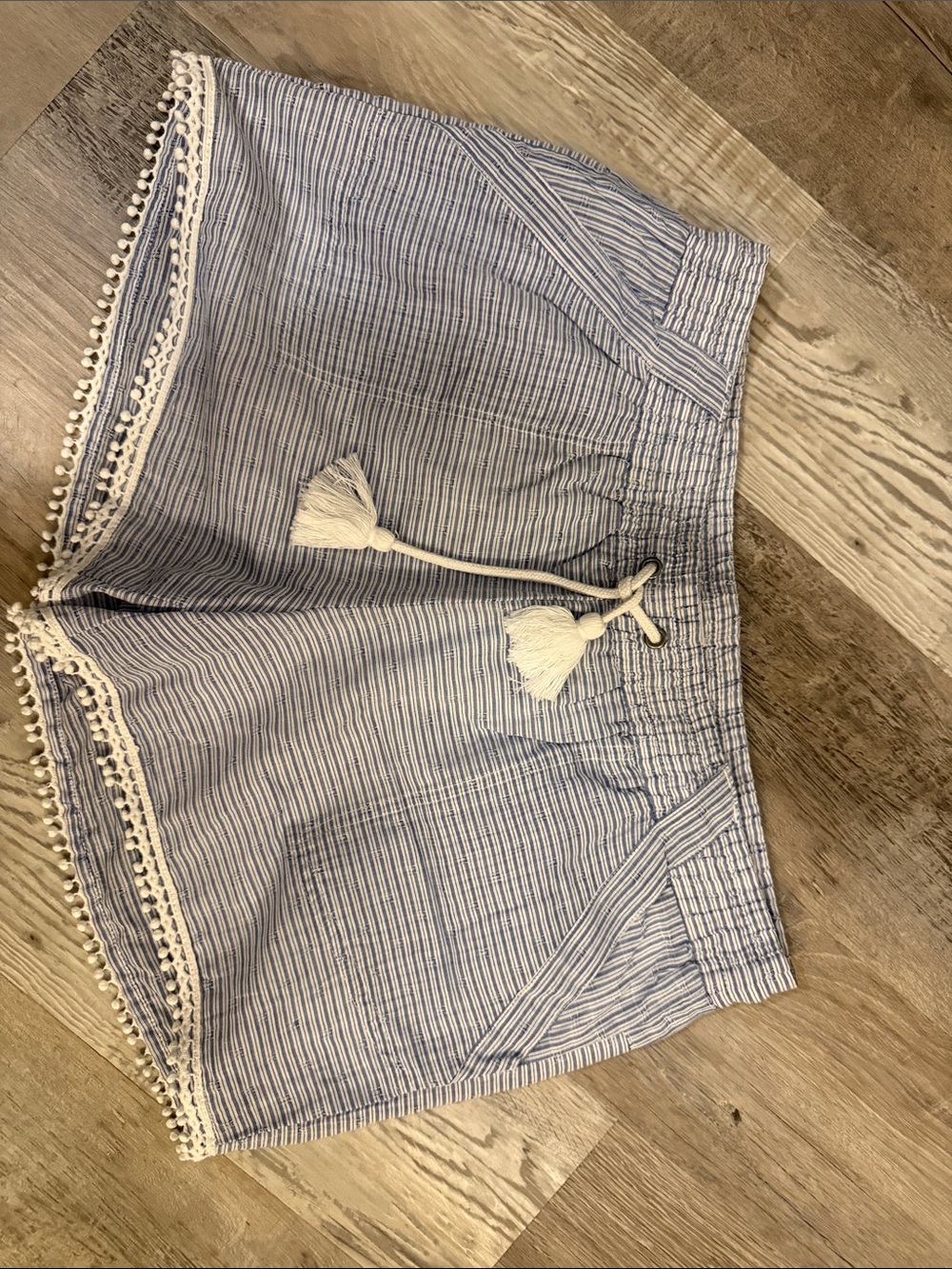 Maurices Blue and White Striped High Waist Shorts with Tassel